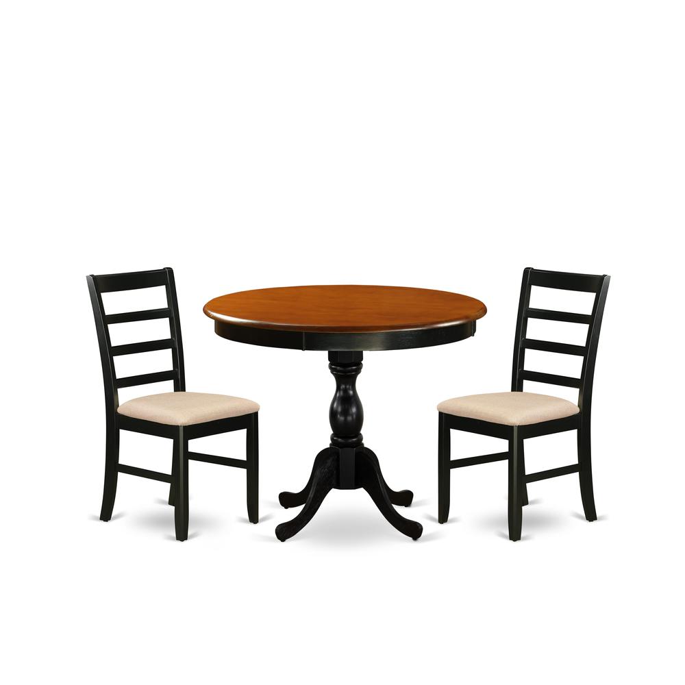 East West Furniture 3-Pc Modern Dining Table Set Includes a Round Kitchen Table and 2 Linen Fabric Dining Room Chairs with Ladder Back - Black Finish. Picture 1