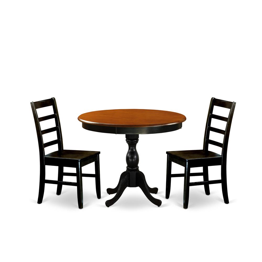 East West Furniture 3-Piece Mid Century Modern Dining Set Include a Wooden Table and 2 Modern Dining Chairs with Ladder Back - Black Finish. Picture 1