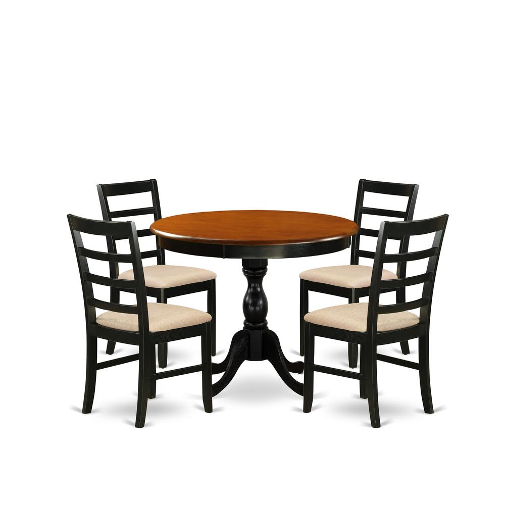East West Furniture 5-Piece Table Set Consists of a Wood Kitchen Table and 4 Linen Fabric Mid Century Dining Chairs with Ladder Back - Black Finish. Picture 1