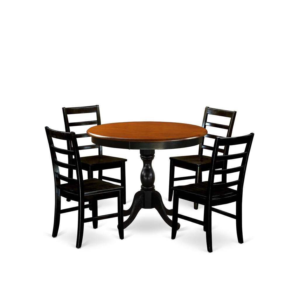 East West Furniture 5-Piece Kitchen Table Set Contains a Dinning Table and 4 Wooden Chairs with Ladder Back - Black Finish. Picture 1