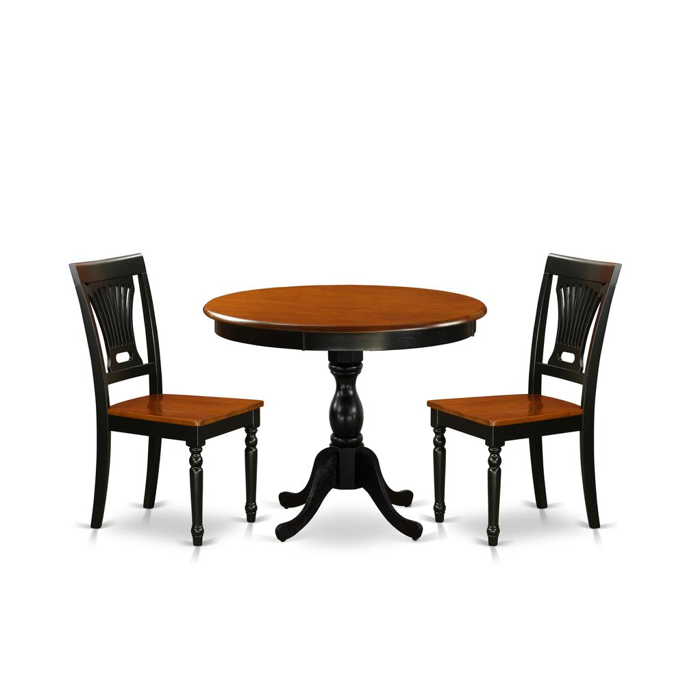 East West Furniture 3-Piece Mid Century Dining Set Contains a Wooden Table and 2 Dinner Chairs with Slatted Back - Black Finish. Picture 1
