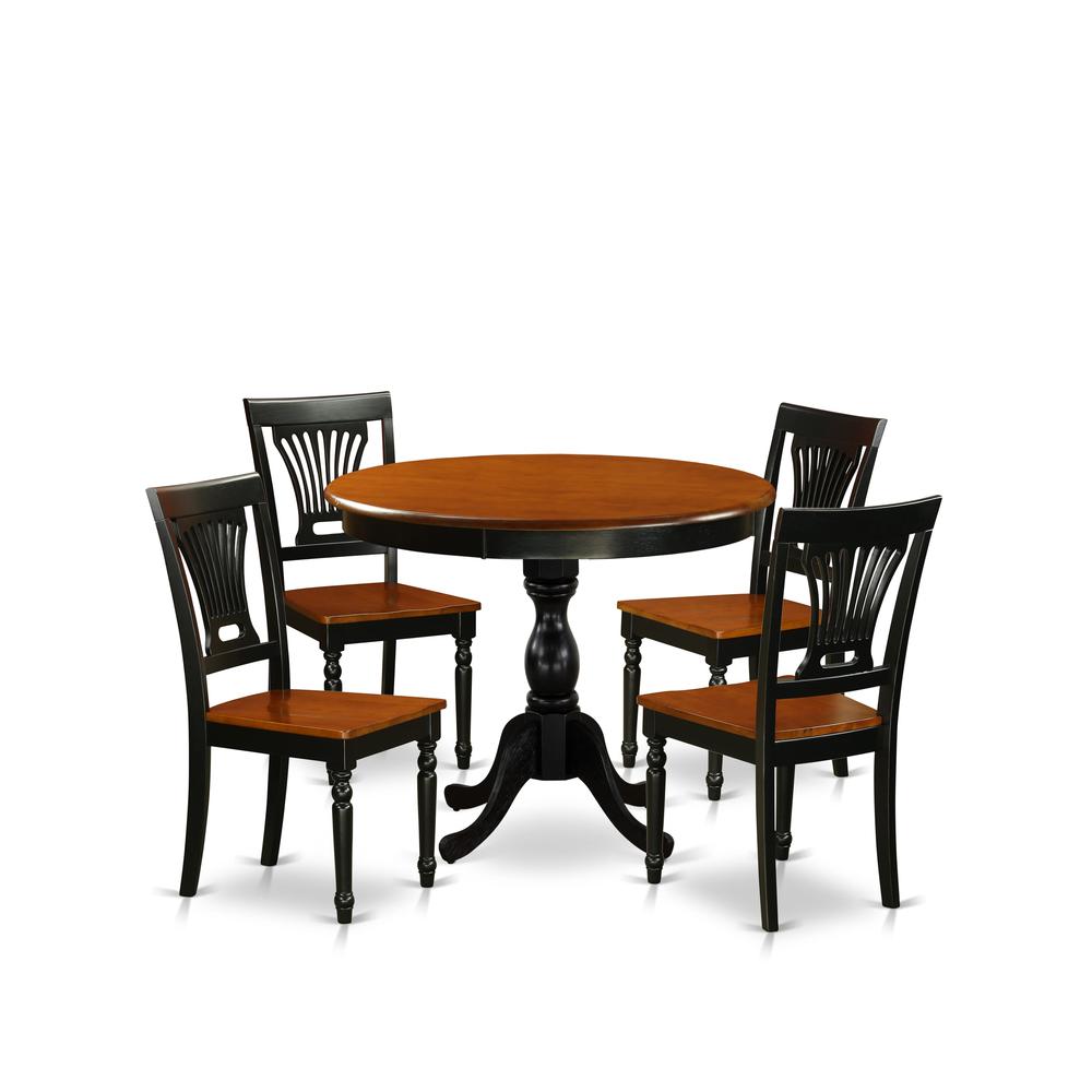 East West Furniture 5-Piece Dinette Set Consist of Wood Dining Table and 4 Dining Room Chairs with Slatted Back - Black Finish. Picture 1