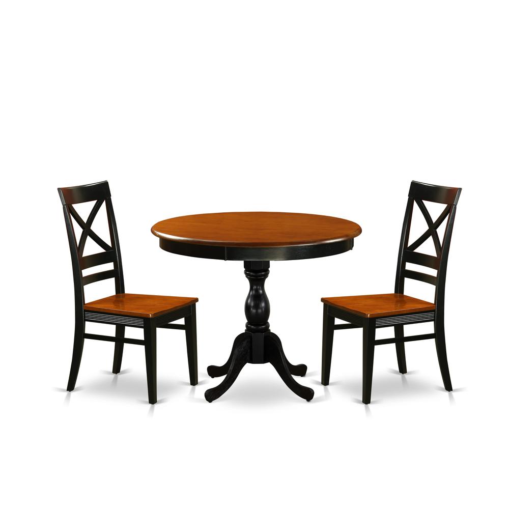 East West Furniture 3-Piece Dining Set Contains a Modern Dining Table and 2 Dining Chairs with X Back - Black Finish. Picture 1