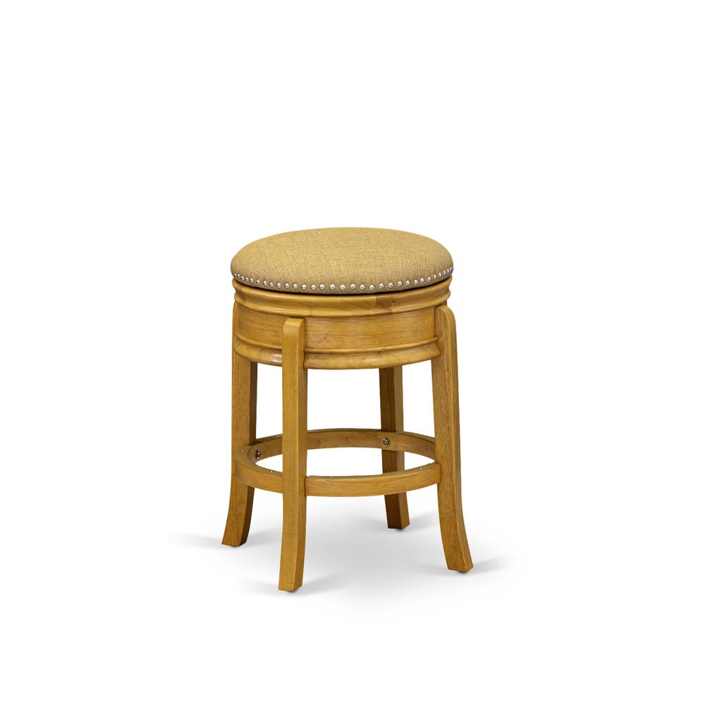 AMS024-416 Wonderful Wood Bar Stool- Stool Counter Height with Round Shape - Vegas Gold PU leather Seat and 4 Hardwood Curved Legs - Round Wooden Stool in Oak End. Picture 2