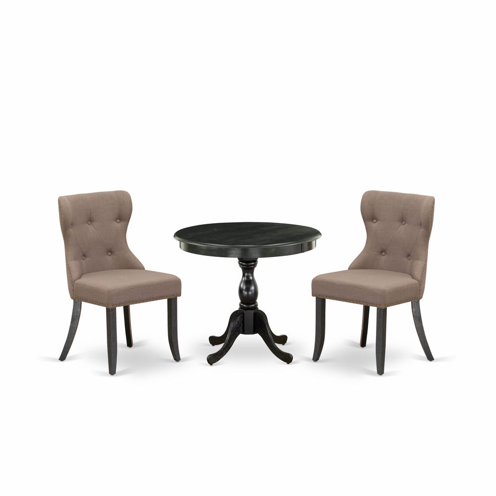East West Furniture 3 Piece Dining Table Set Contains 1 Dining Room Table and 2 Coffee Linen Fabric Dining Chairs Button Tufted Back with Nail Heads - Wire Brushed Black Finish. Picture 2