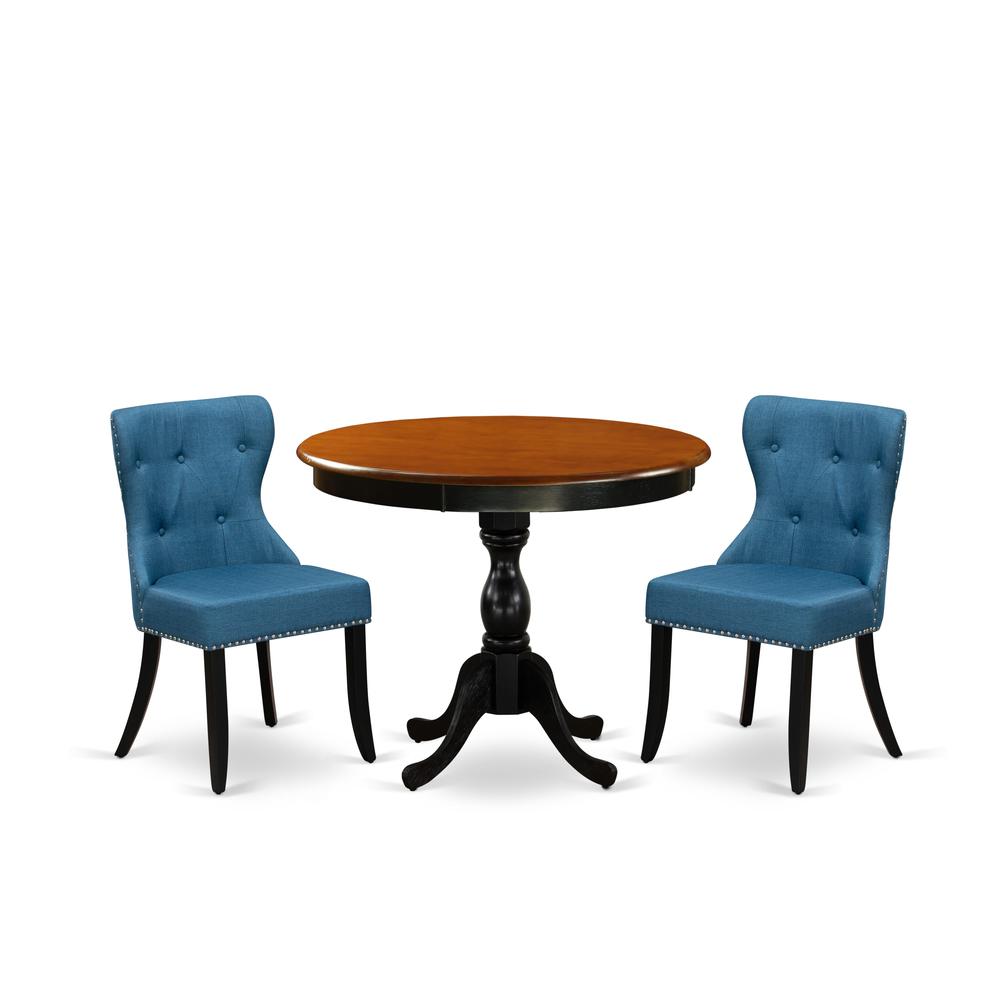 East West Furniture 3-Pc Dining Table Set Contains a Wood Dining Table and 2 Blue Linen Fabric Mid Century Modern Chairs with Button Tufted Back - Black Finish. Picture 2