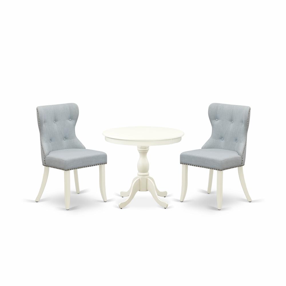 AMSI3-LWH-15 3 Piece Dining Table Set - 1 Pedestal Table and 2 Baby Blue parson chairs - Linen White Finish. Picture 2