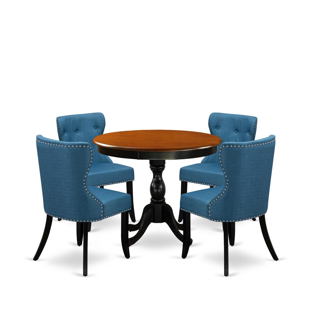 East West Furniture 5-Piece Dining Table Set Contains a Mid Century Dining Table and 4 Blue Linen Fabric Midcentury Modern Dining Chairs with Button Tufted Back - Black Finish. Picture 2
