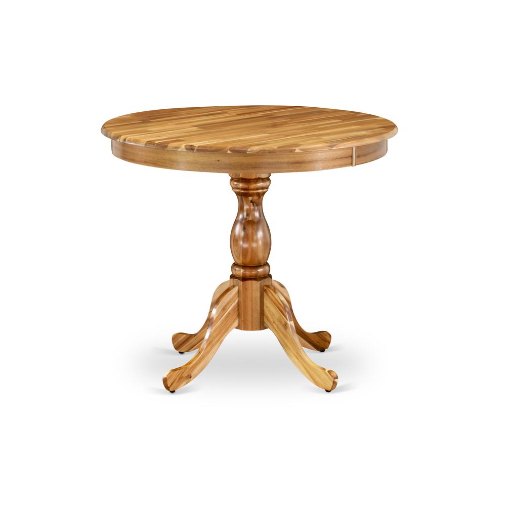 Round Dining Table Natural Acacia Color Table Top Surface and Asian Wood Round Table Pedestal Legs -Natural Acacia Finish. Picture 2