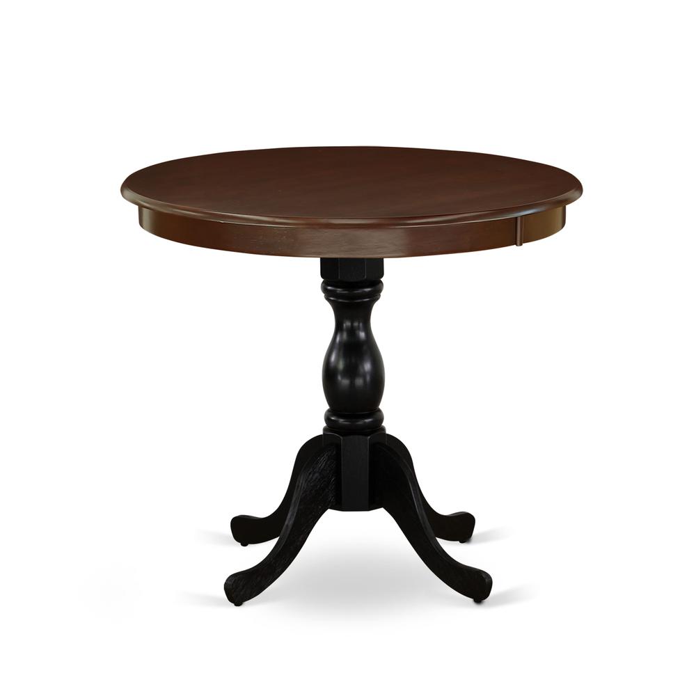 East West Furniture Antique 36" Round Dining Room Table for Small Space - Oak Top & Black Pedestal. Picture 2