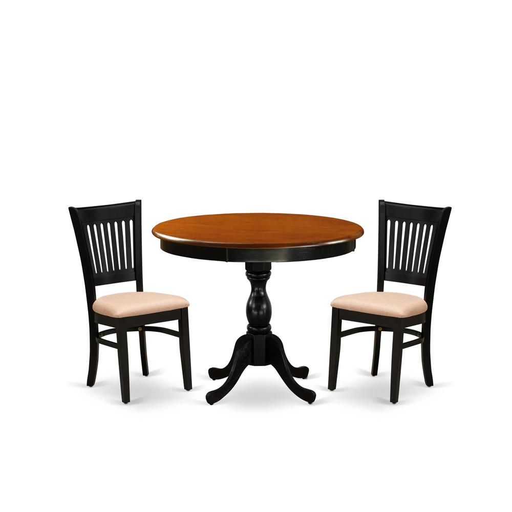 East West Furniture 3-Pc Kitchen Dining Table Set Consists of a Kitchen Table and 2 Linen Fabric Mid Century Chairs with Slatted Back - Black Finish. Picture 1