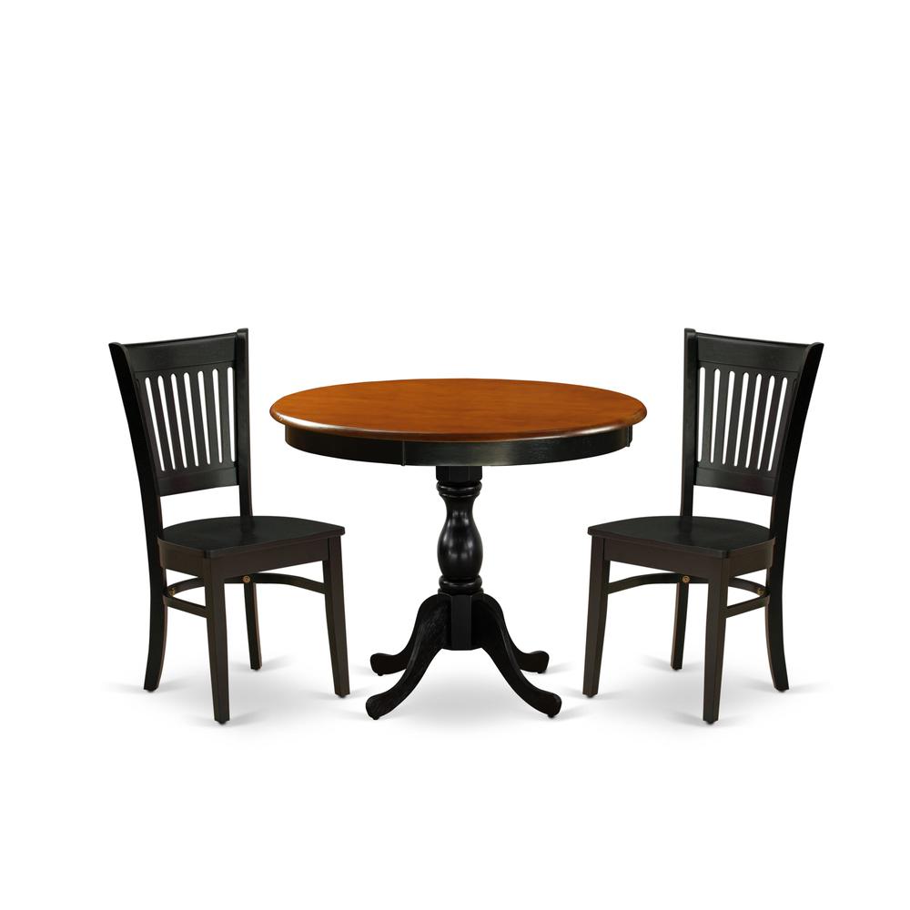 East West Furniture 3-Piece Mid Century Dining Set Include a Modern Dining Table and 2 Dining Chairs with Slatted Back - Black Finish. Picture 1