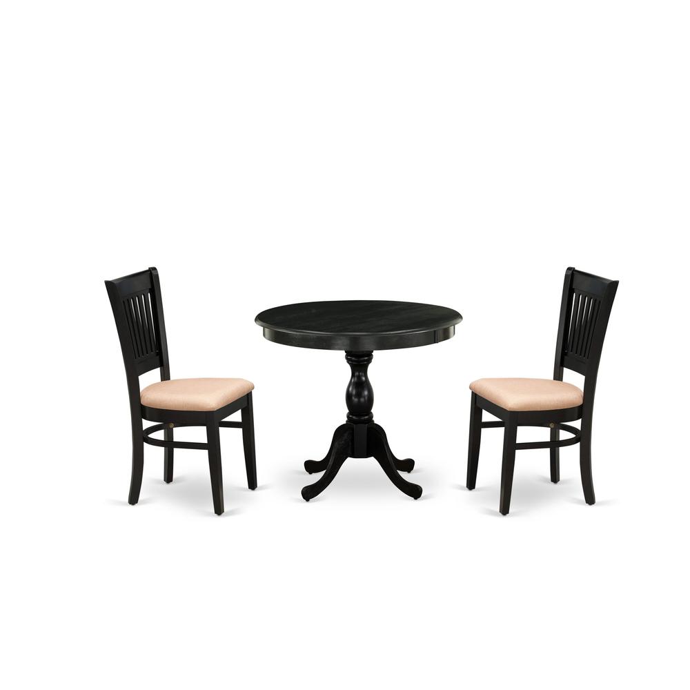 East West Furniture 3-Pc Modern Dining Table Set- 2 Wood Dining Chair and Dining Room Table - Linen Fabric Seat and Slatted Chair Back (Black Finish). Picture 2