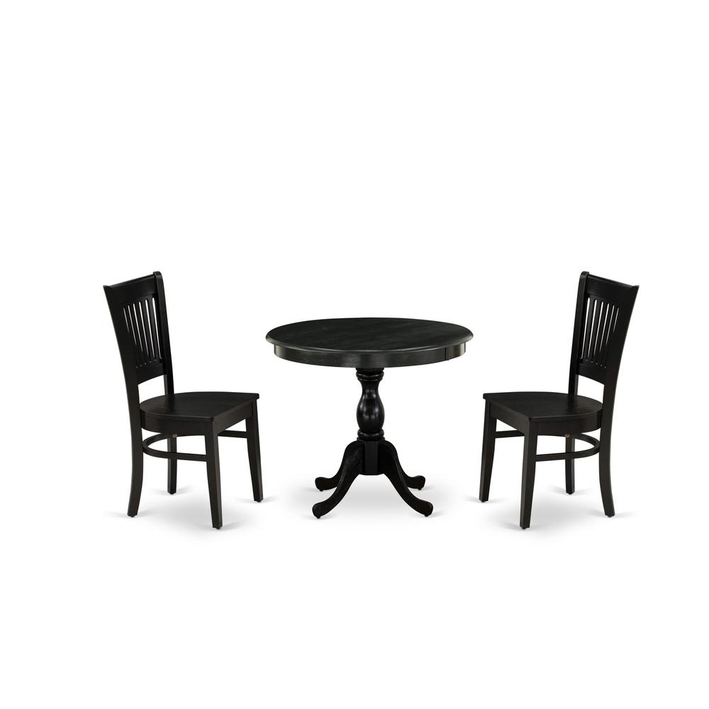 East West Furniture 3-Pc Dinette Room Set- 2 Modern Dining Room Chair and Kitchen Dining Table - Wooden Seat and Slatted Chair Back (Black Finish). Picture 2