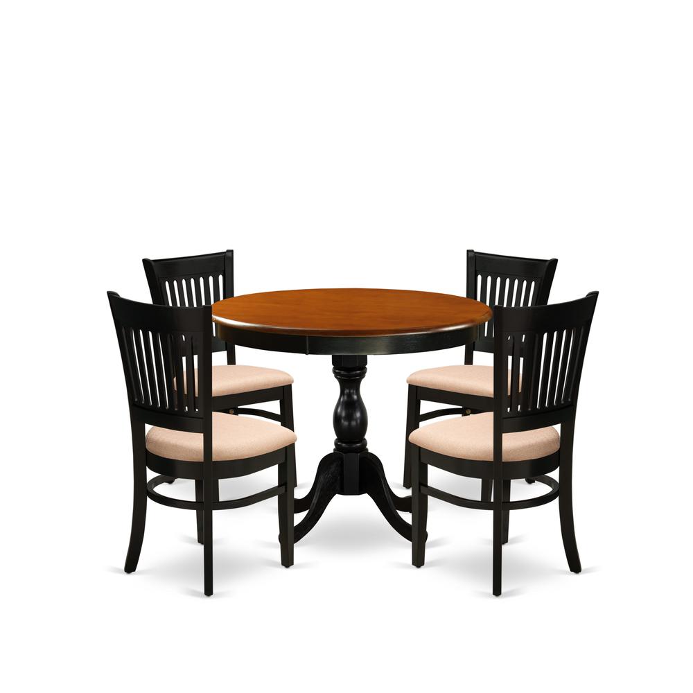East West Furniture 5-Piece Modern Dining Table Set Consists of a Dinner Table and 4 Linen Fabric Kitchen Dining Chairs with Slatted Back - Black Finish. Picture 1