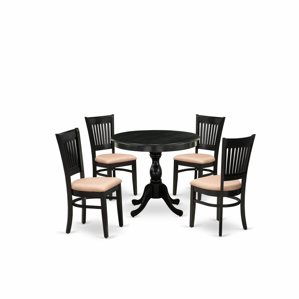 East West Furniture 5-Pc Dining Room Table Set- 4 Kitchen Chair and Modern dining room table - Linen Fabric Seat and Slatted Chair Back (Black Finish). Picture 2