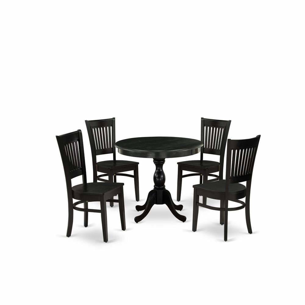 East West Furniture 5-Piece Kitchen Dining Set- 4 Dining Chair and Modern Round Dining Table - Wooden Seat and Slatted Chair Back (Black Finish). Picture 2
