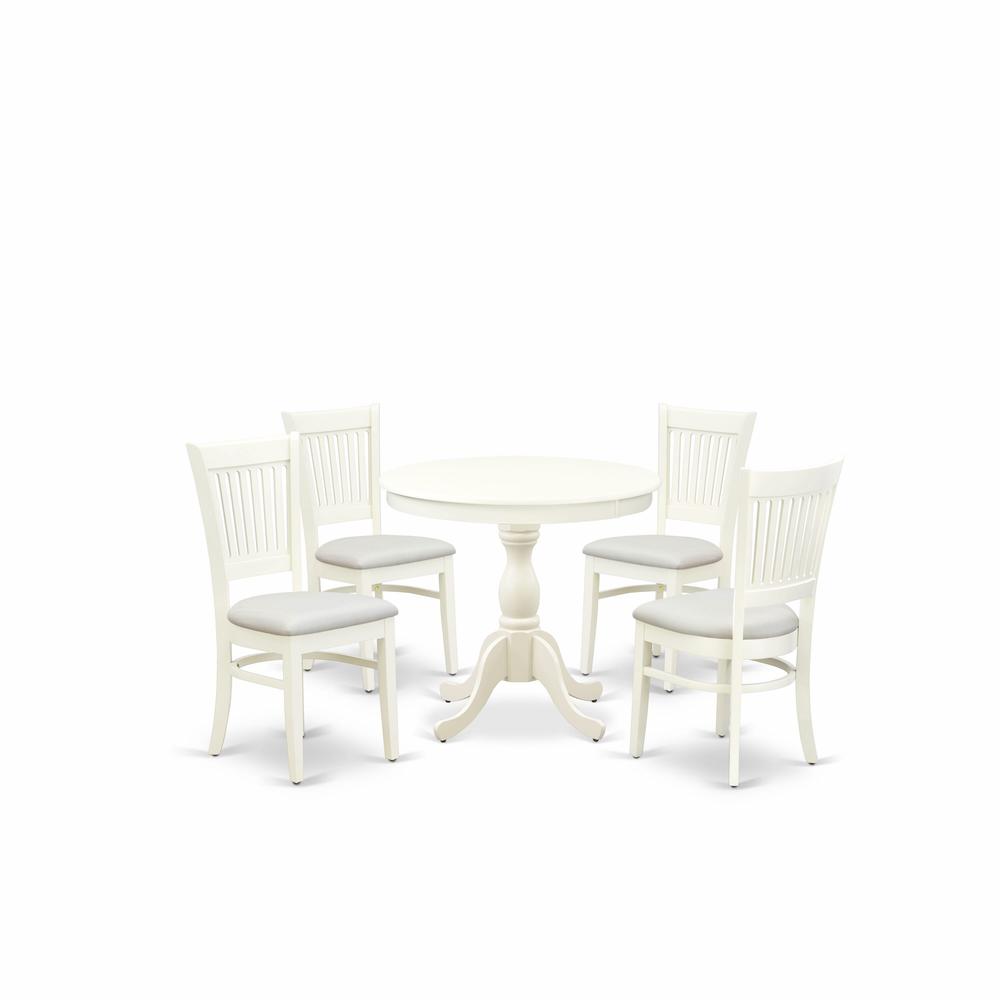 East West Furniture 5-Piece Dinette Room Set- 4 dining room chairs and Wooden Dining Table - Linen Fabric Seat and Slatted Chair Back (Linen White Finish). Picture 2