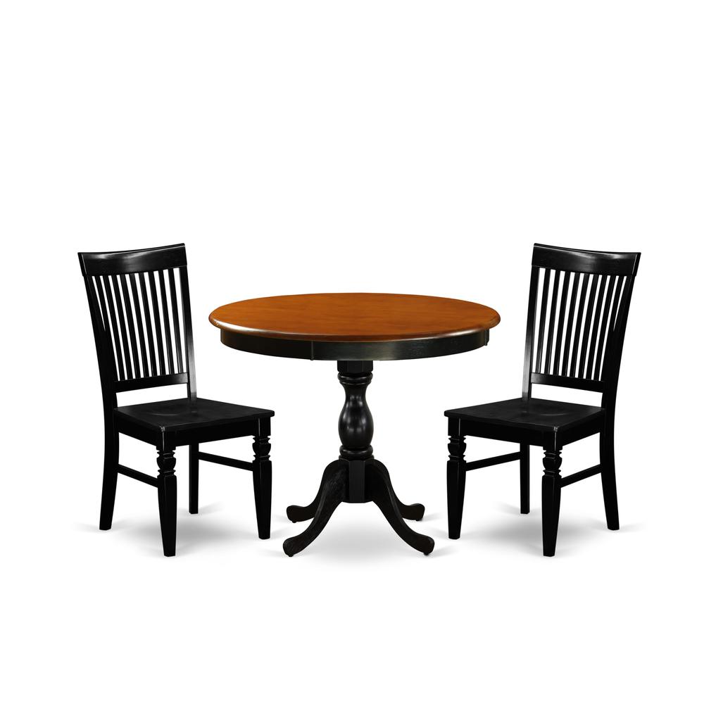 East West Furniture 3-Piece Dining Set Consist of Dinning Table and 2 Dining Chairs with Slatted Back - Black Finish. Picture 2