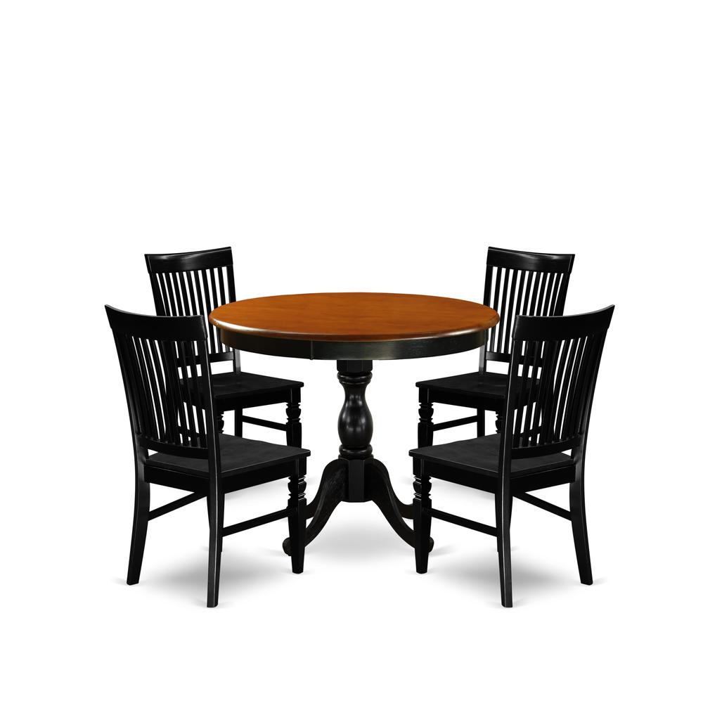 East West Furniture 5-Piece Dining Room Table Set Contains a Modern Kitchen Table and 4 Dining Chairs with Slatted Back - Black Finish. Picture 1