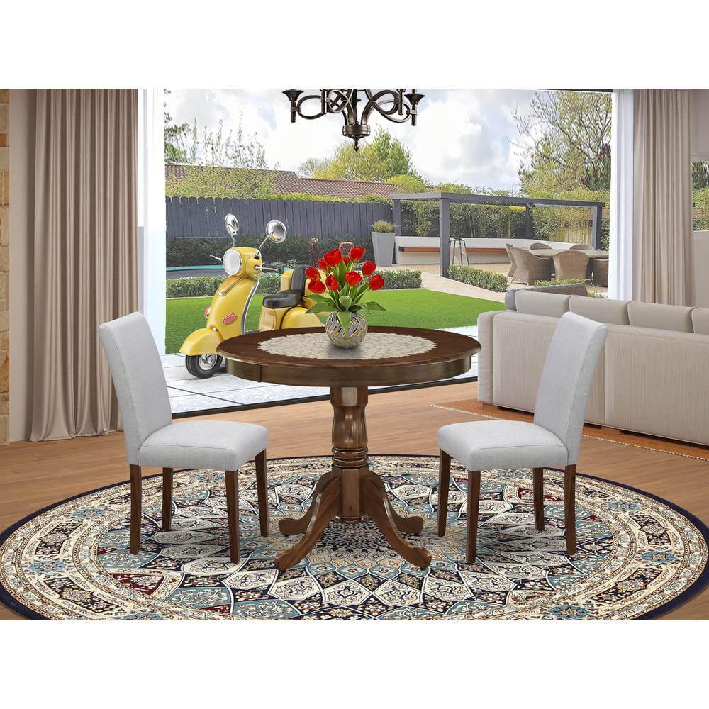 3 Pc Dining Table Set Includes a Round Table and 2 Parson Chairs, Antique Walnut. Picture 7
