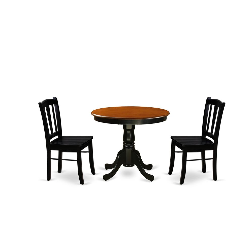 ANDL3-BLK-W - 3-Piece Dining Room Set- 2 Dining Chair and Modern Round Dining Table - Wooden Seat and Slatted Chair Back (Black Finish). Picture 2
