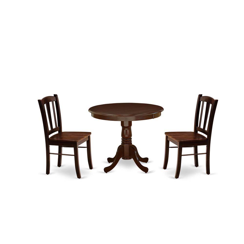 East West Furniture 3-Piece Dinette Room Set- 2 Dining Room Chair and Dining Room Table - Wooden Seat and Slatted Chair Back - Mahogany Finish. Picture 2