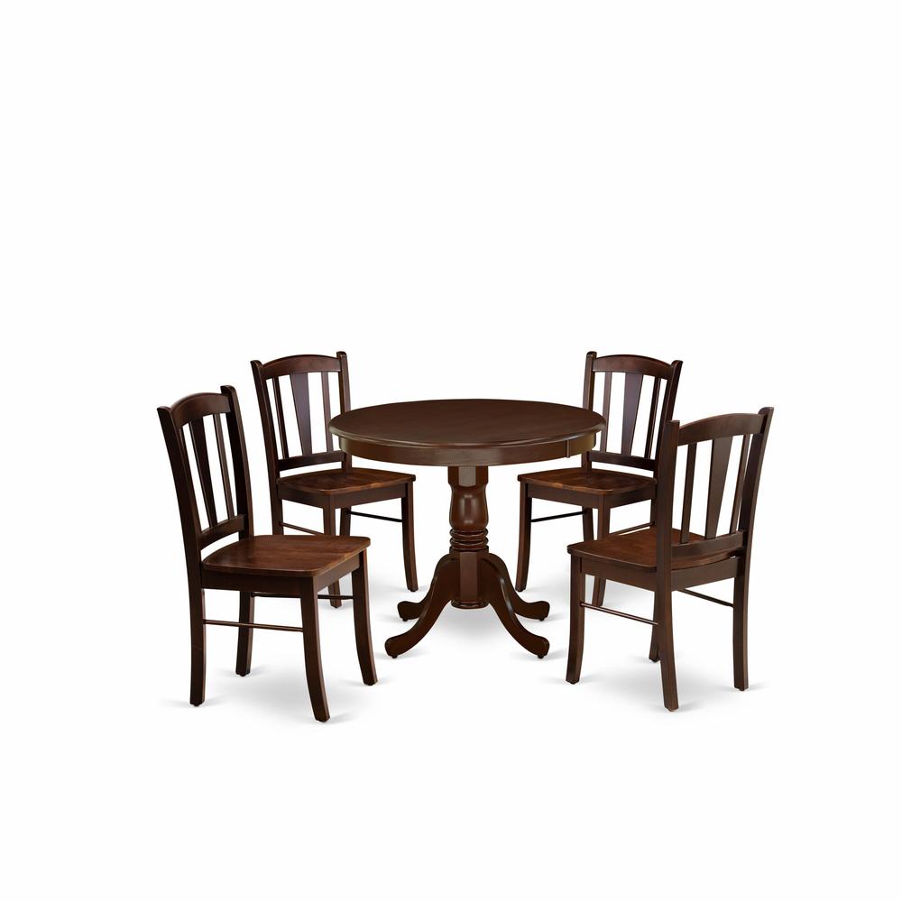 East West Furniture 5-Piece Dining Room Table Set- 4 Wooden Chairs and Kitchen Table - Wooden Seat and Slatted Chair Back - Mahogany Finish. Picture 2
