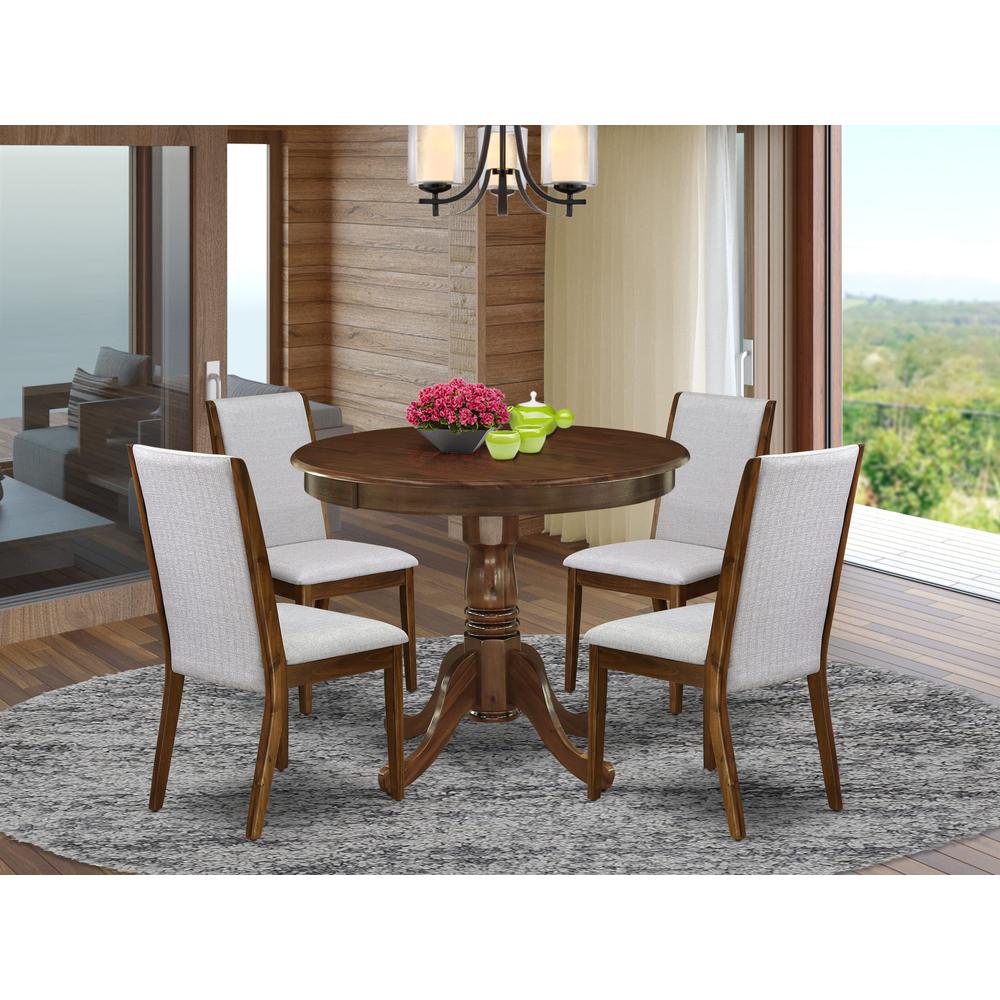5 Pc Dining Table Set Contains a Round Table and 4 Parson Chairs, Antique Walnut. Picture 7