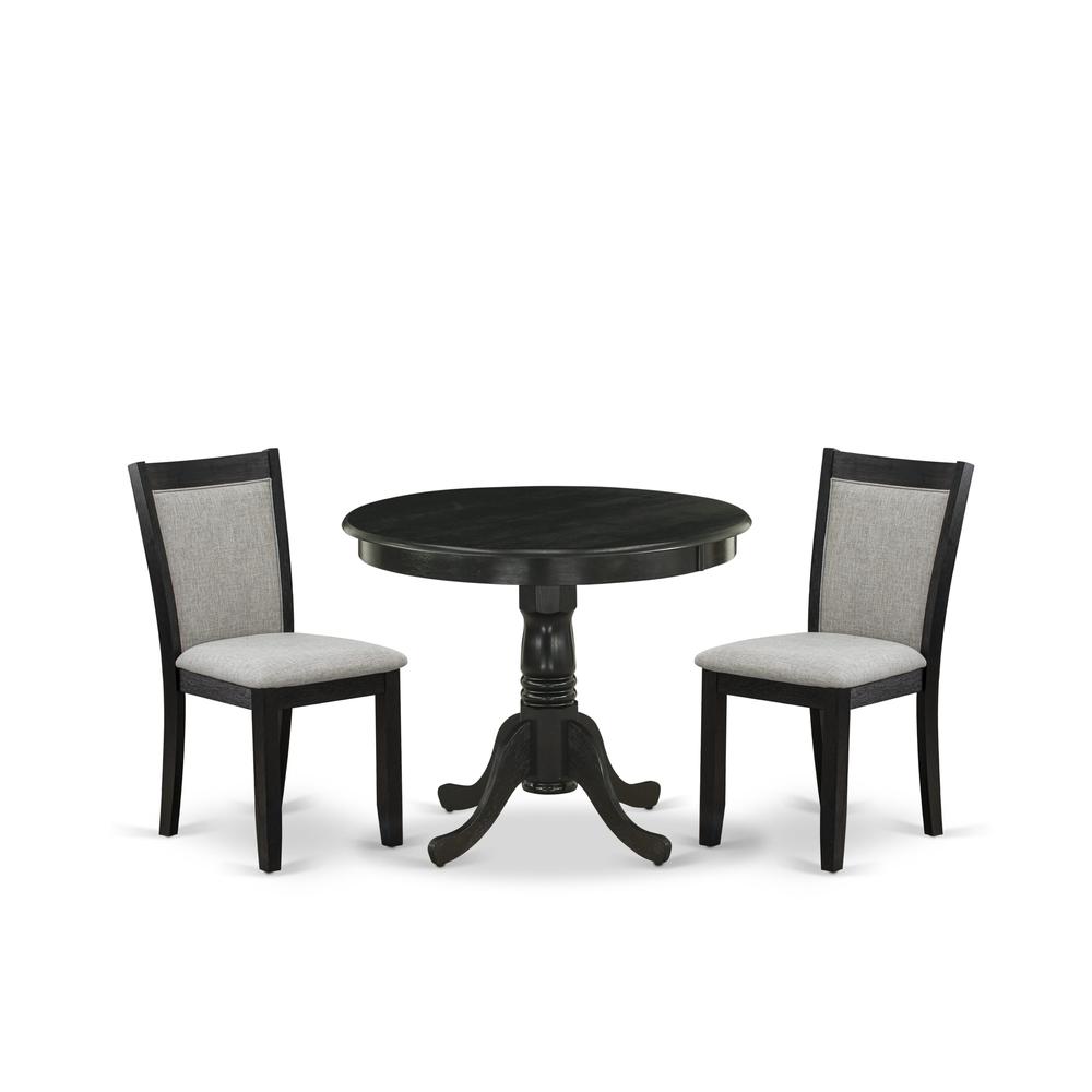 East West Furniture 3-Pc Dining Room Table Set Contains a Wooden Dining Table and 2 Shitake Linen Fabric Modern Dining Room Chairs - Wire Brushed Black Finish. Picture 2