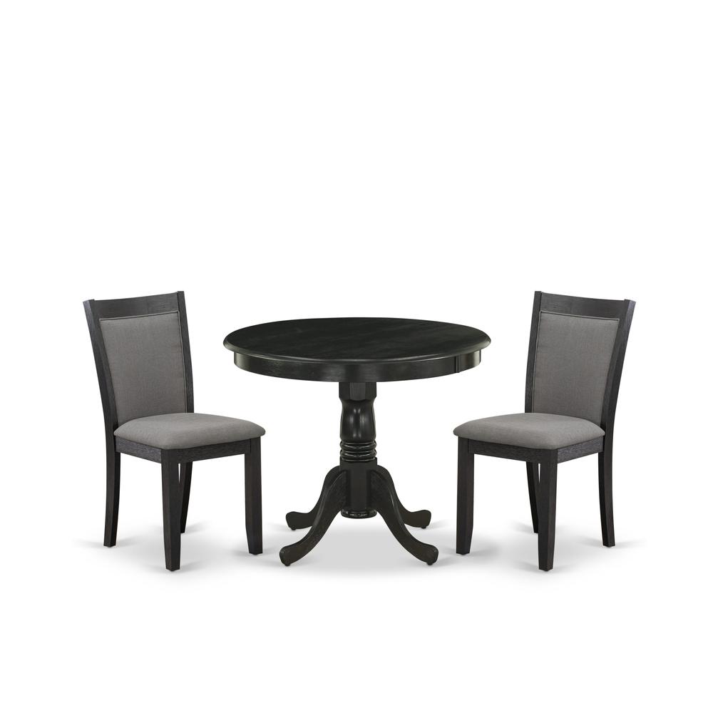 East West Furniture 3-Piece Dinette Room Set Consists of a Wooden Dining Table and 2 Dark Gotham Grey Linen Fabric Upholstered Dining Chairs - Wire Brushed Black Finish. Picture 2