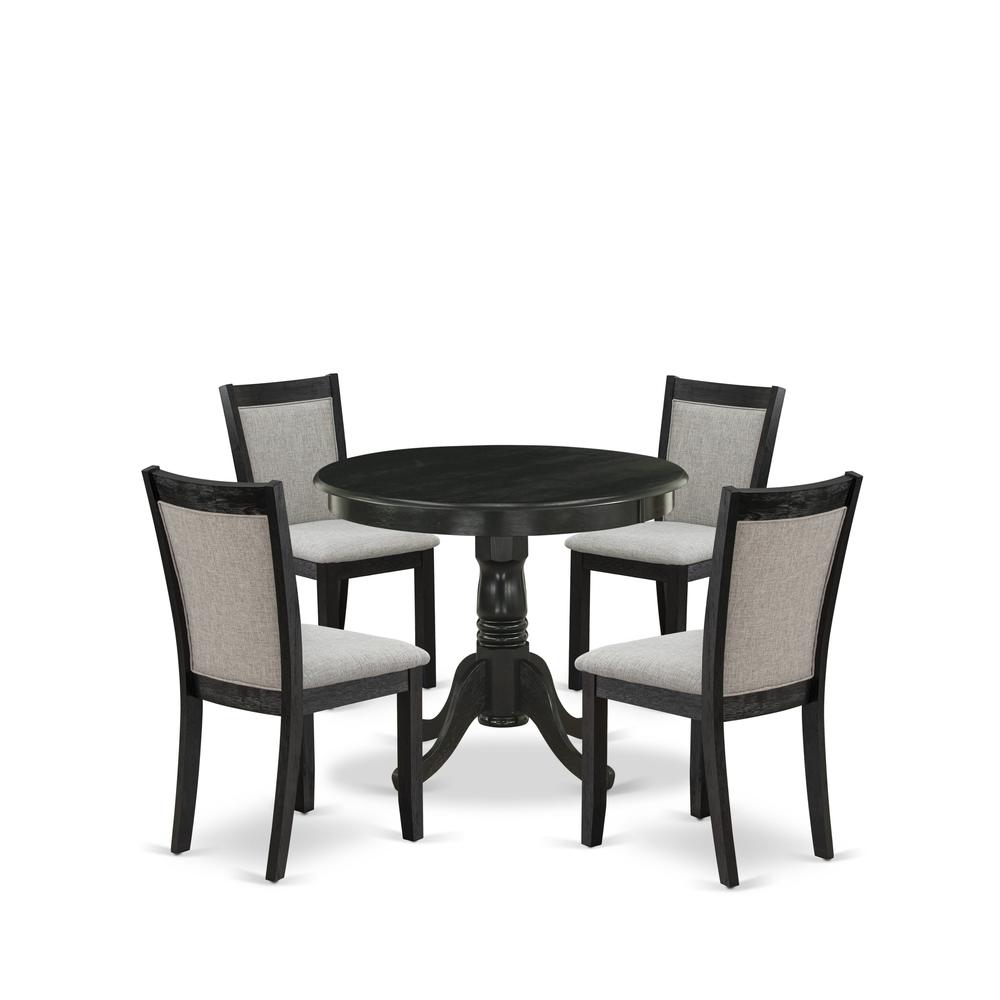 East West Furniture 5-Pc Dining Table Set Includes a Modern Dining Room Table and 4 Shitake Linen Fabric Dining Room Chairs - Wire Brushed Black Finish. Picture 2