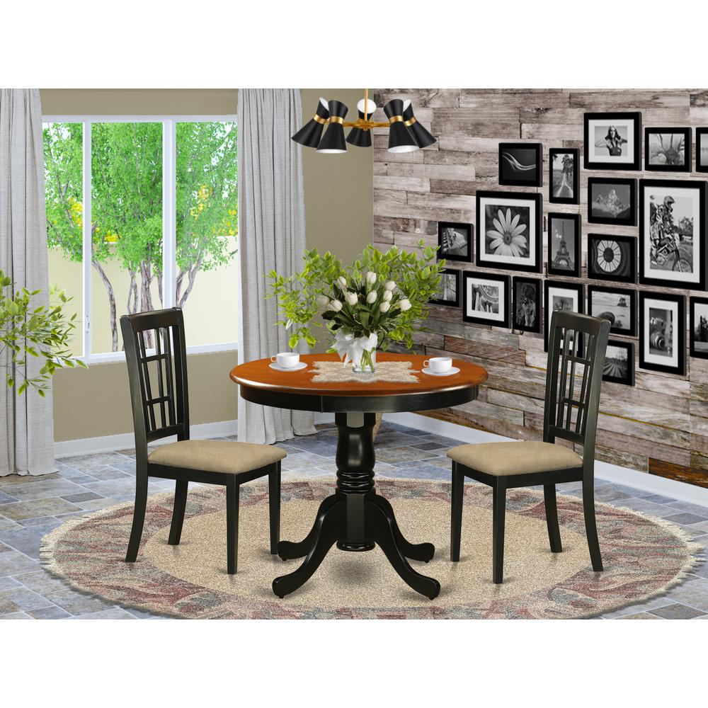 ANNI3-BLK-C 3 PC Dining Table with 2 Linen Chairs in Black and Cherry. Picture 2
