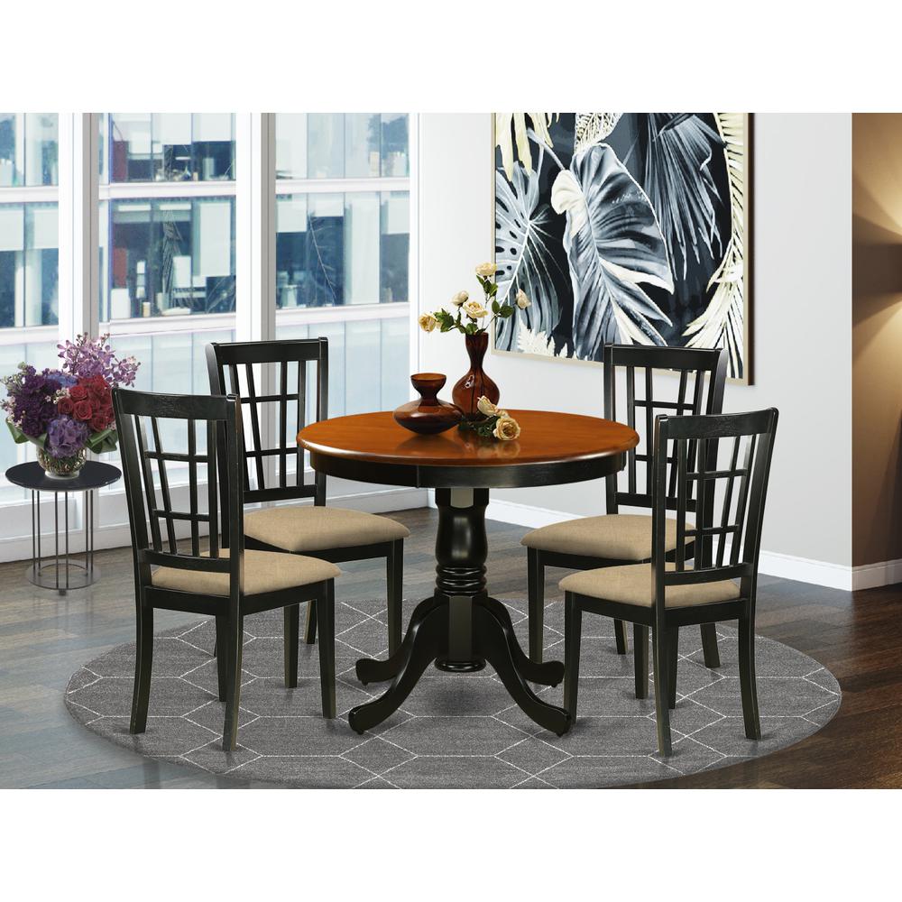 ANNI5-BLK-C 5 Pc Dining Table with 4 Linen Chairs in Black and Cherry. Picture 2