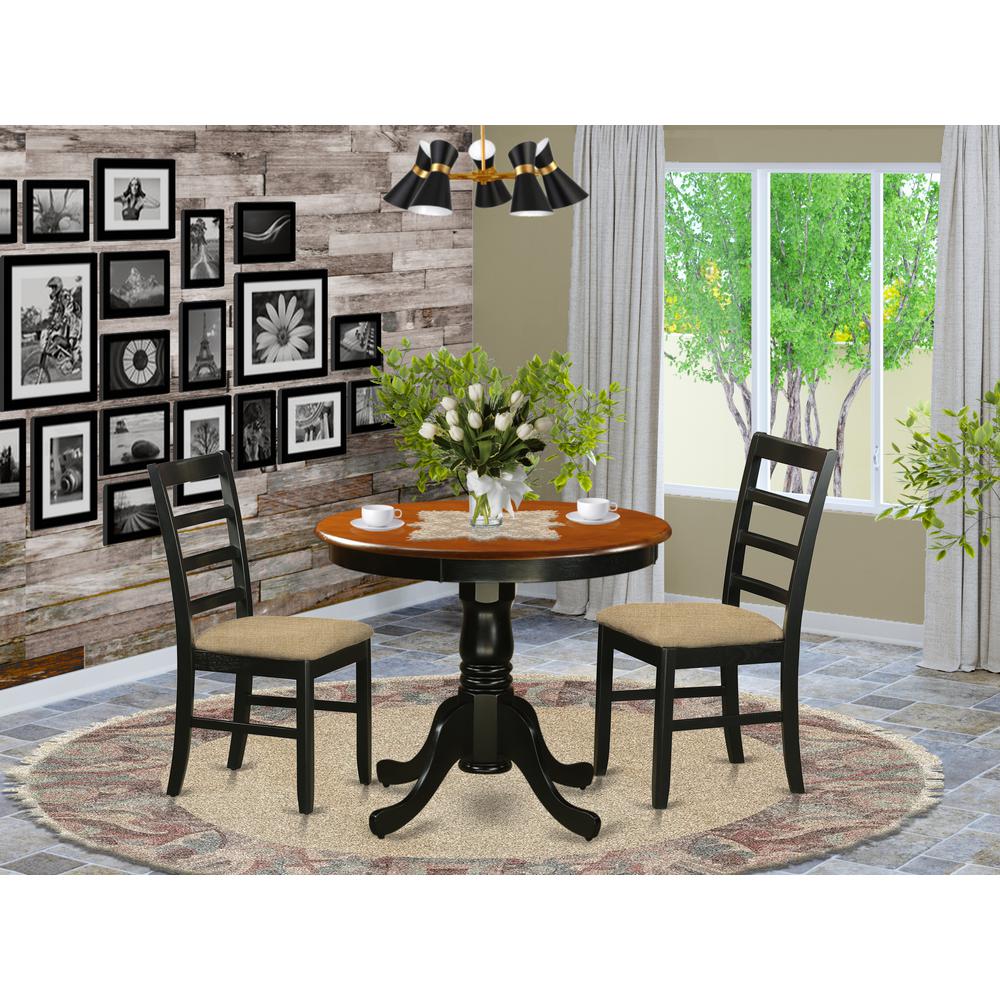ANPF3-BLK-C Dining furniture set - 3 Pcs with 2 Linen Chairs in Black and Cherry. Picture 2