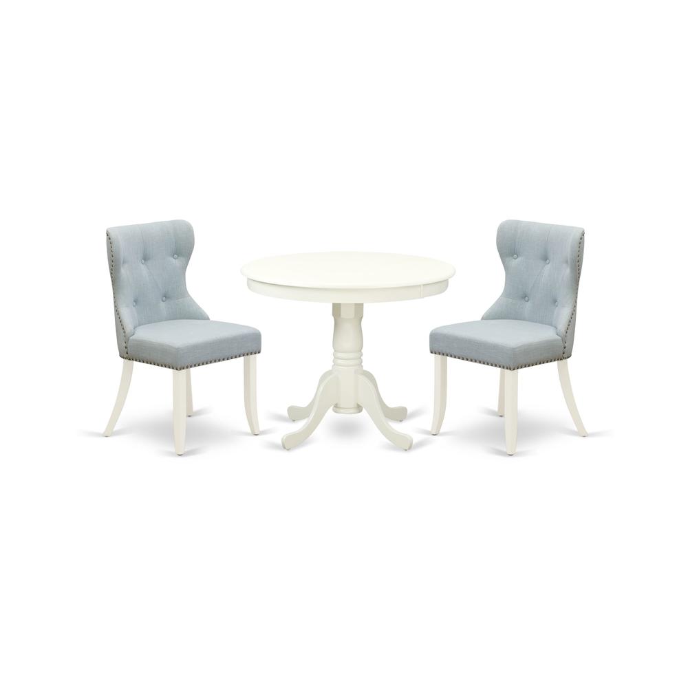 ANSI3-LWH-15 - A dining set of 2 fantastic indoor dining chairs with Linen Fabric Baby Blue color and a gorgeous 36-Inch Antique modern dining table with Linen White color. Picture 2