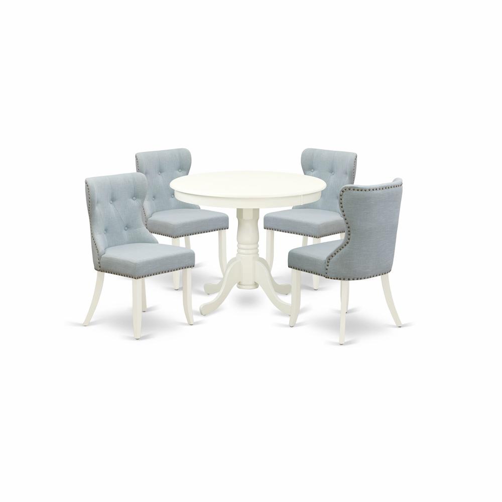 ANSI5-LWH-15 - A dining room table set of 4 wonderful indoor dining chairs with Linen Fabric Baby Blue color and a stunning 36-Inch Round dining table with Linen White color. Picture 2