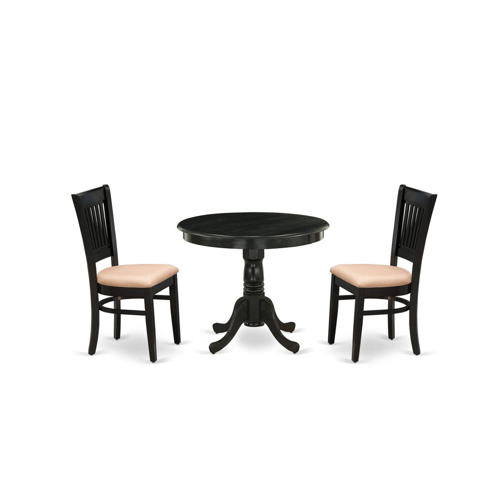 East West Furniture 3-Pc Kitchen Dining Set- 2 Wood Chair and Kitchen Dining Table - Linen Fabric Seat and Slatted Chair Back (Black Finish). Picture 2