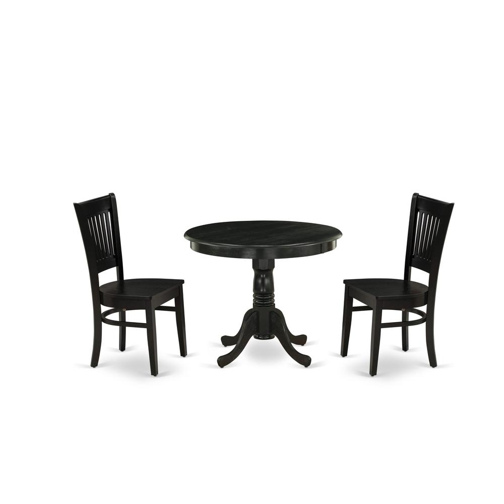 East West Furniture 3-Piece Dining Room Set- 2 Kitchen Chair and Modern dining room table - Wooden Seat and Slatted Chair Back (Black Finish). Picture 2
