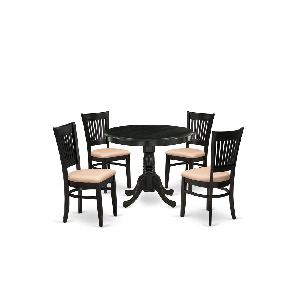 East West Furniture 5-Pc Dinette Room Set- 4 Wooden Chair and Modern dining room table - Linen Fabric Seat and Slatted Chair Back (Black Finish). Picture 2