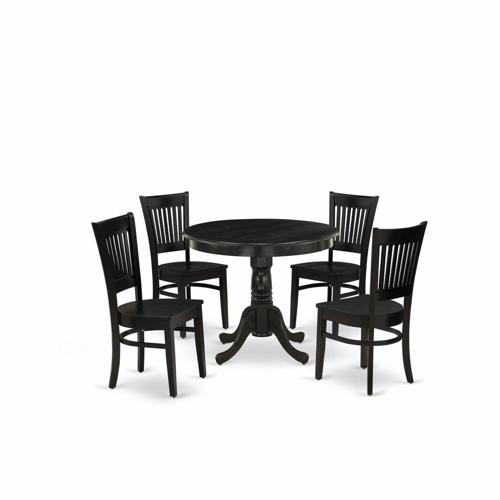 East West Furniture 5-Pc Dining Room Table Set- 4 dining room chairs and Dining Room Table - Wooden Seat and Slatted Chair Back (Black Finish). Picture 2