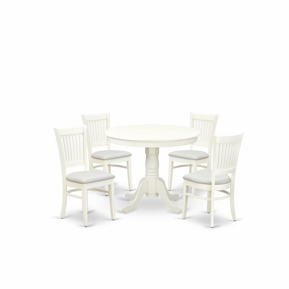 East West Furniture 5-Piece Dining Table Set- 4 dining room chairs and Wooden Dining Table - Linen Fabric Seat and Slatted Chair Back (Linen White Finish). Picture 1