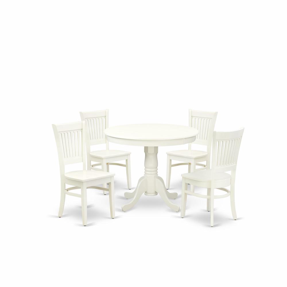 ANVA5-LWH-W - 5-Piece Kitchen Dining Set- 4 Wooden Chairs and Dining Room Table - Wooden Seat and Slatted Chair Back (Linen White Finish). Picture 2