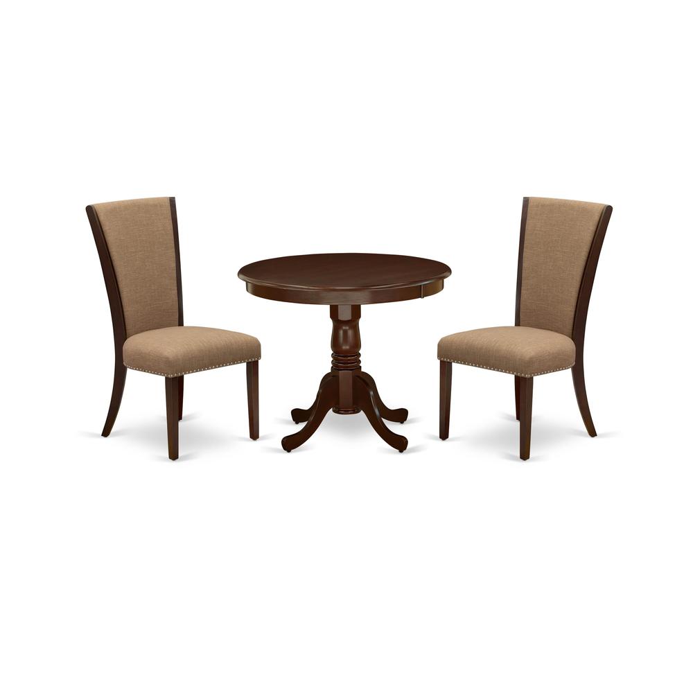East West Furniture 3 Pc Kitchen Dining Set - 2 Light Sable Linen Fabric Parson Dining Chairs with High Back and 1 Modern Kitchen Table - Mahogany Finish. Picture 2