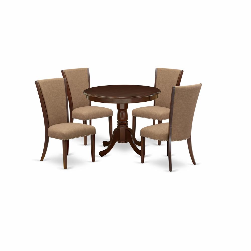 East West Furniture 5 Piece Dining Table Set - 4 Light Sable Linen Fabric Kitchen Chairs with High Back and 1 Dining Room Table - Mahogany Finish. Picture 2