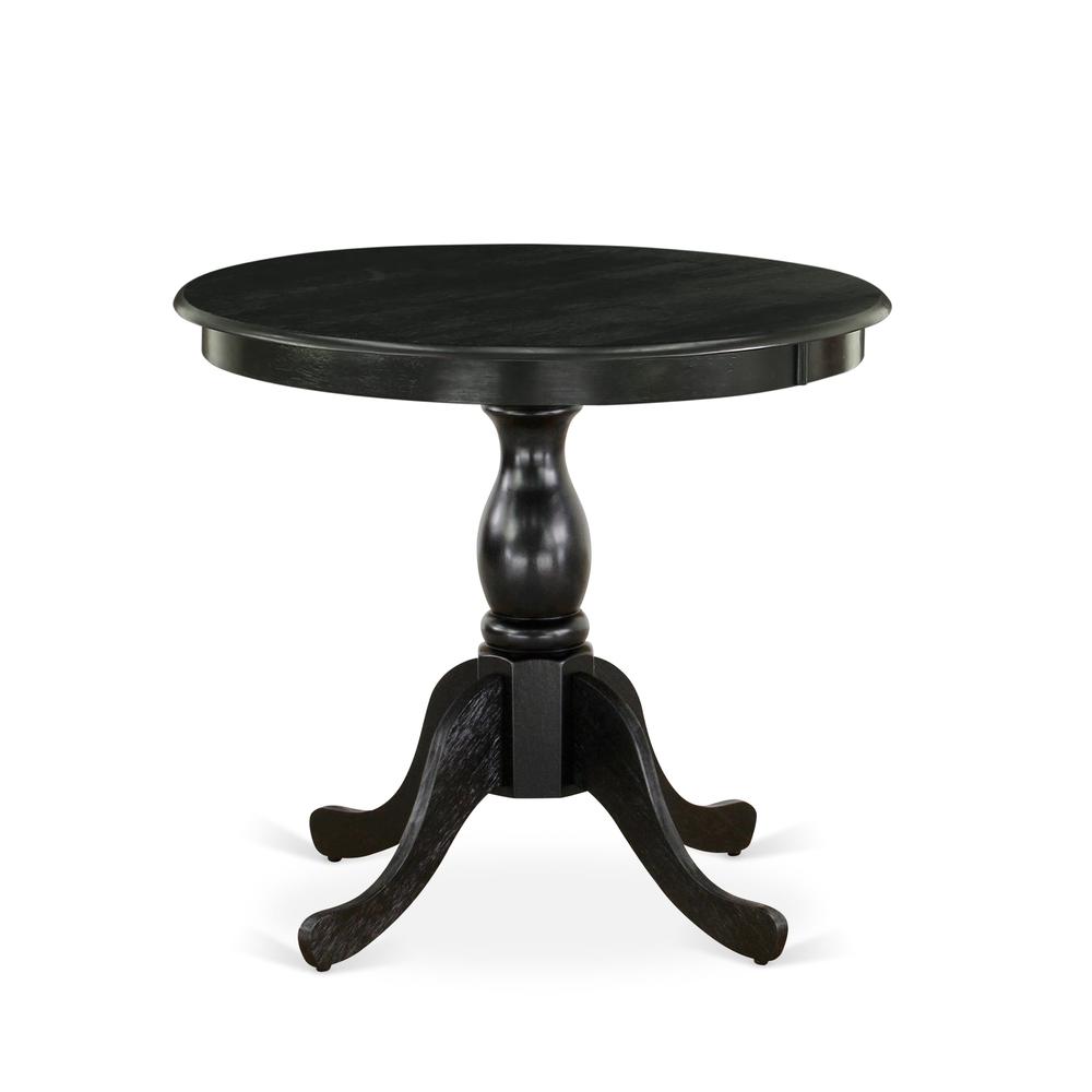 East West Furniture Modern Dining Table - Linen White Table Top and Black Pedestal Leg Finish. Picture 2