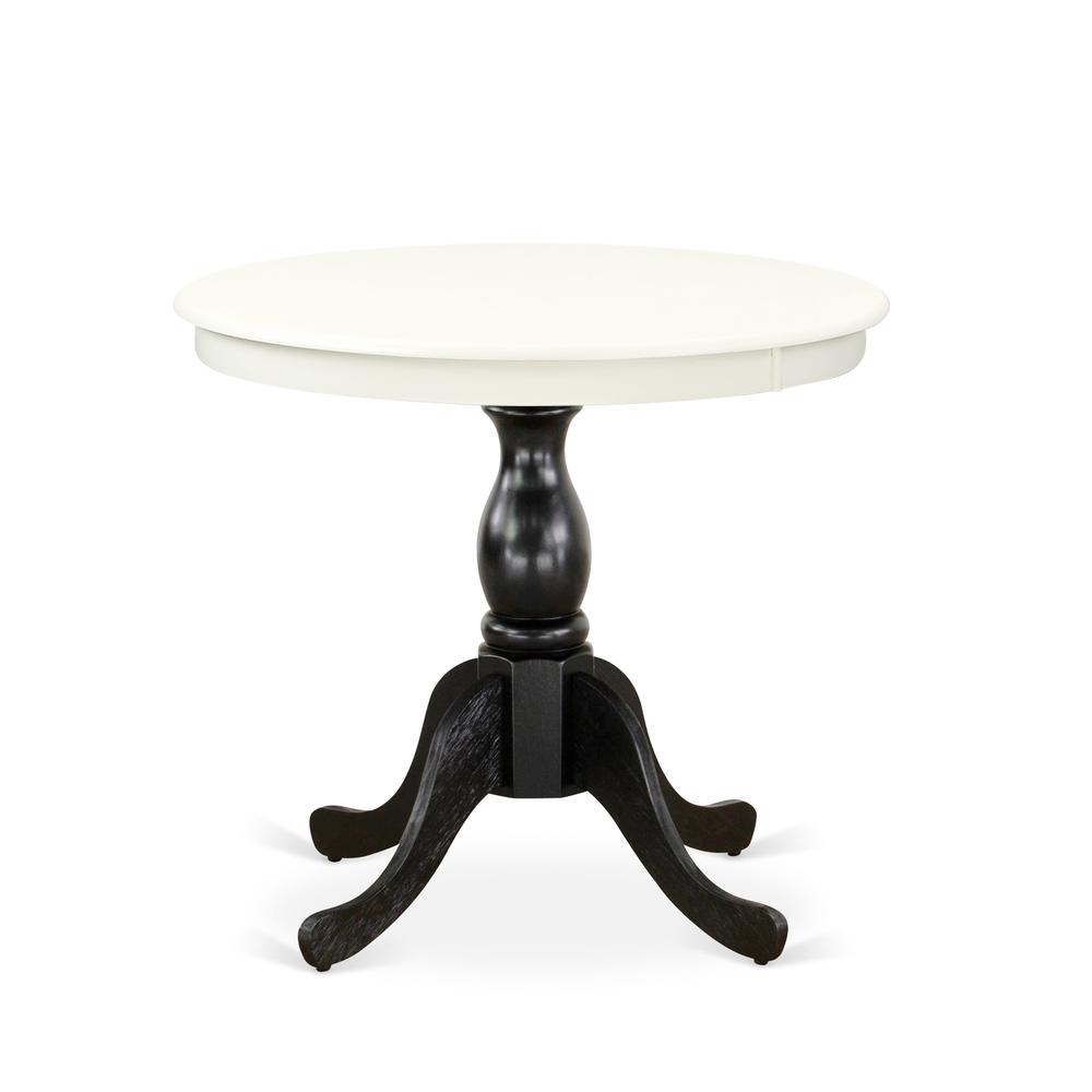 East West Furniture Wood Dining Table - Linen White Table Top and Oak Pedestal Leg Finish. Picture 2