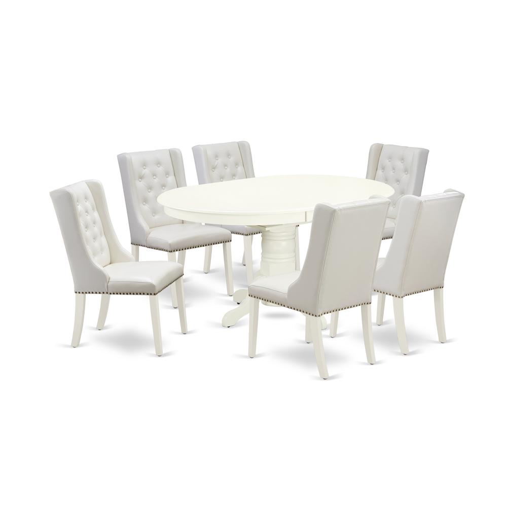 East West Furniture AVFO7-LWH-44 7-Piece Dining Room Set 6 Light Grey Linen Fabric Parson Dining Chairs with Button Tufted Back and 1 Wooden Dining Table - Linen White. Picture 1