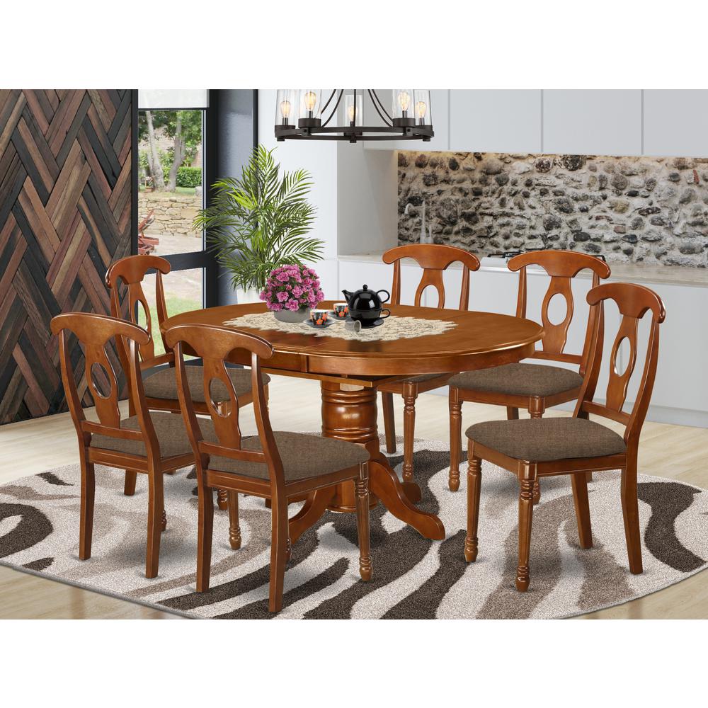 AVNA7-SBR-C 7 Pc Dinette Table with Leaf and 6 Fabric Seat Chairs in Saddle Brown .. Picture 2