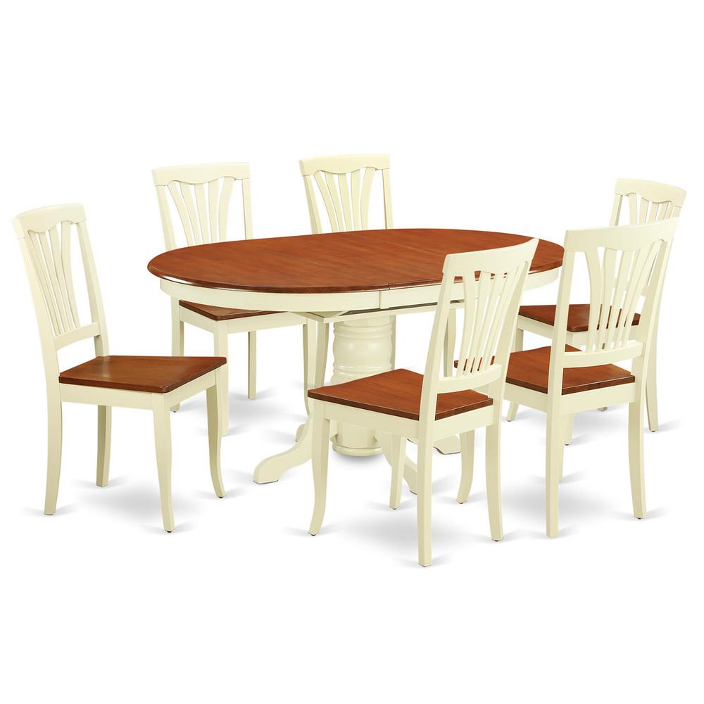 7  Pc  Dinette  Table  with  Leaf  and  6  Wood  Seat  Chairs  in  Buttermilk  and  Cherry.. Picture 2